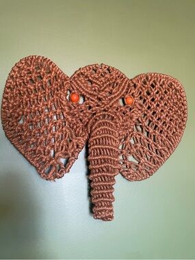 Vintage 70s Jute Macrame Elephant Wall Hanging Decor